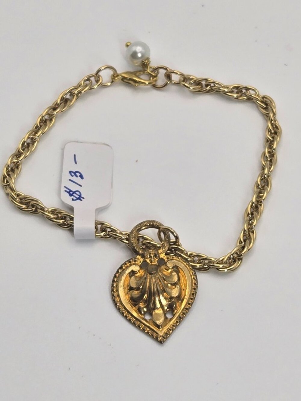 Heart Bracelet with Faux Pearl and Gold Tone Handmade Item 92